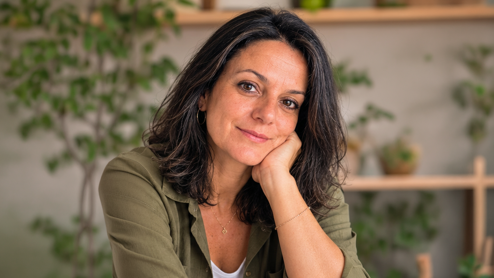 Susana de la Cruz sonriendo a cámara, con la mano apoyada en la mejilla, entre plantas y luz cálida