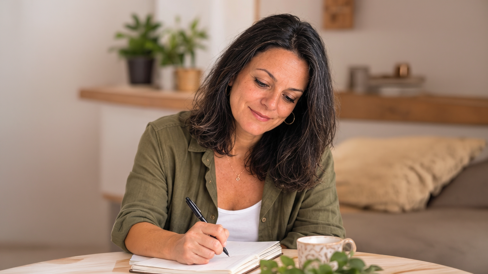 Susana de la Cruz escribiendo en un cuaderno junto a una taza, con luz suave de ventana